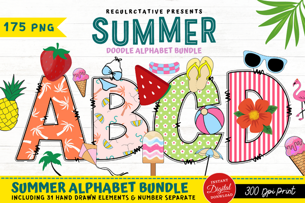 Summer Doodle Alphabet Bundle with Hand Drawn Clipart