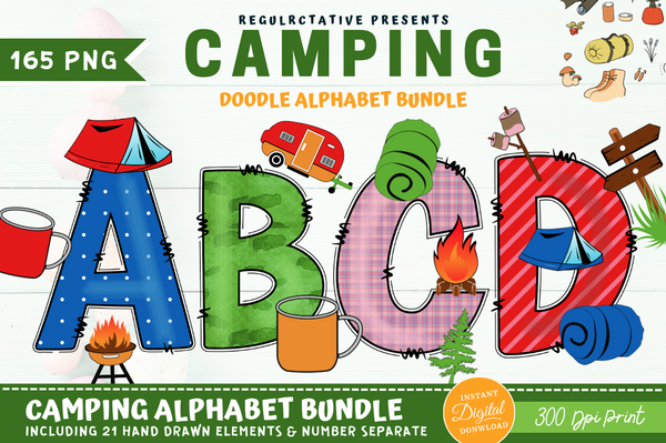 Camping Doodle Alphabet Bundle with Hand Drawn Clipart