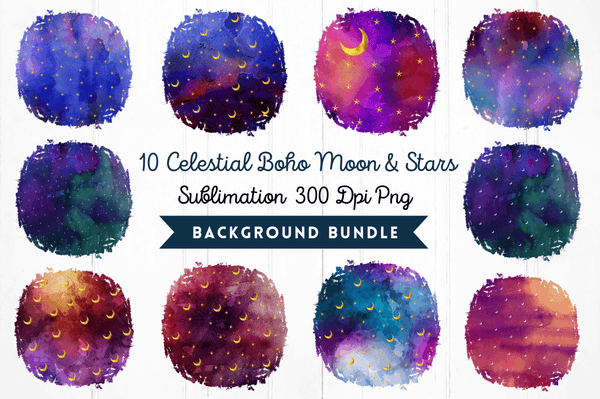 Celestial Boho Moon & Stars Splatter Sublimation Backgrounds Bundle