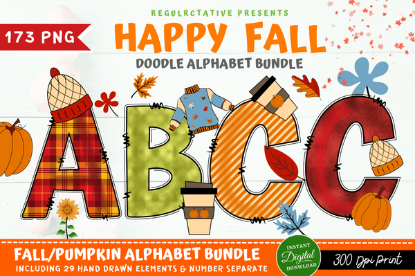 Fall Doodle Alphabet  with Hand Drawn Clipart Bundle