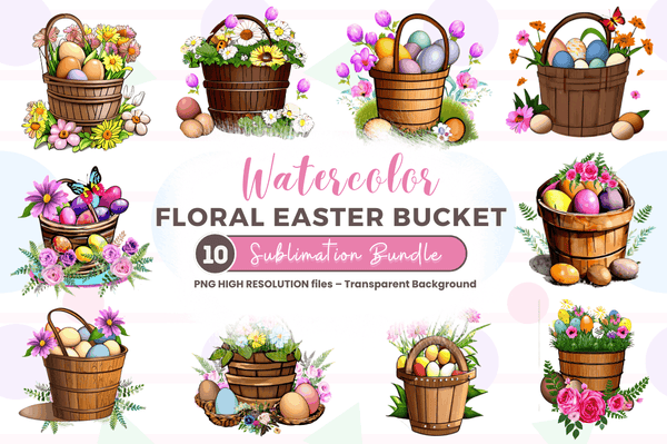 Watercolor  Floral Easter Bucket Clipart Bundle