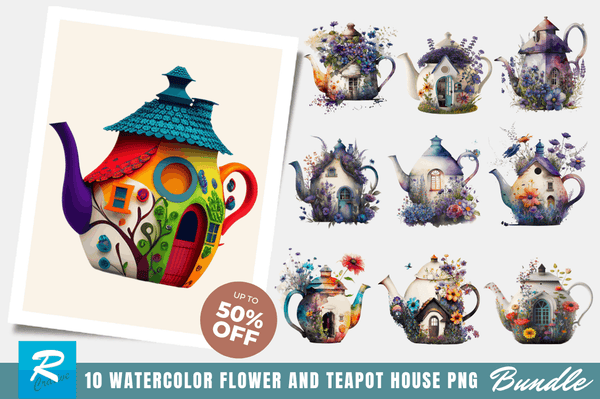 Flower and Teapot House Clipart Bundle