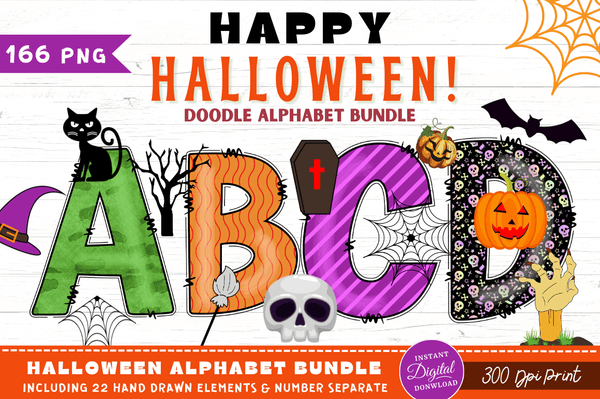 Halloween Doodle Alphabet  with Hand Drawn Clipart Bundle