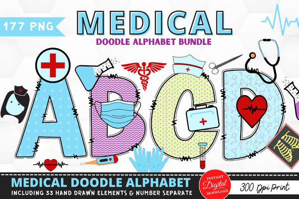 Medical Doodle Alphabet Bundle with Hand Drawn Clipart