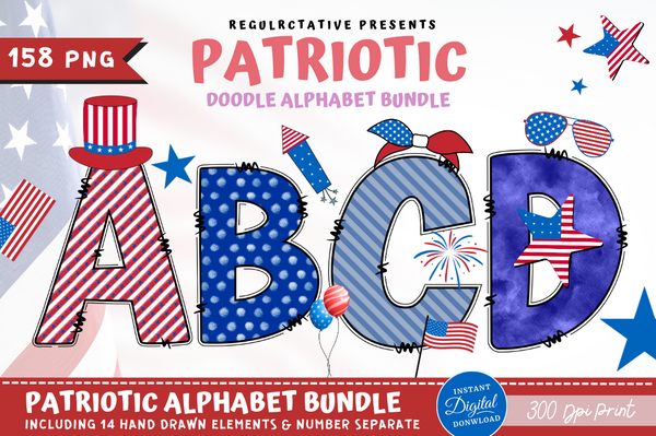 Patriotic Doodle Alphabet Bundle with Hand Drawn Clipart