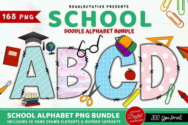 School Doodle Alphabet Bundle with Hand Drawn Clipart