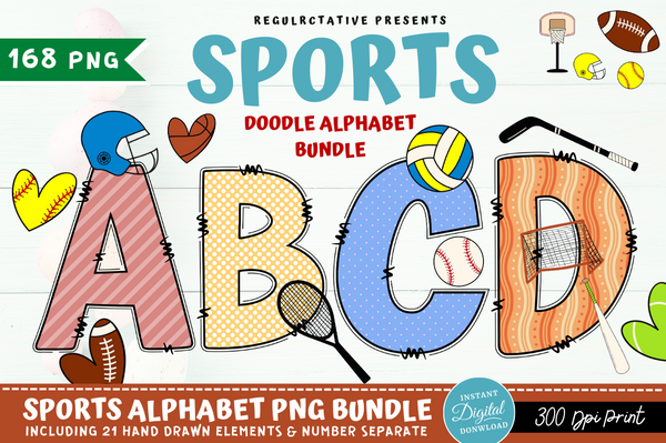 Sports Doodle Alphabet Bundle with Hand Drawn Clipart