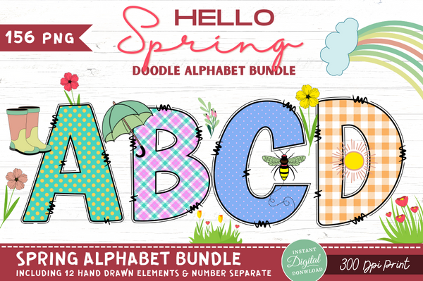 Spring Doodle Alphabet Bundle with Hand Drawn Clipart