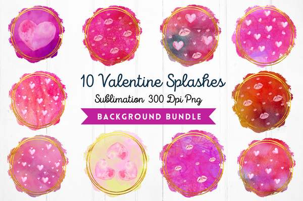 Valentine Splashes with hearts and lips background Sublimation Bundle