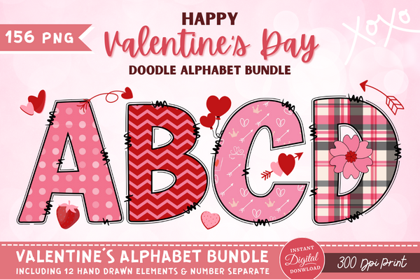 Valentines Day Doodle Alphabet with 10 Hand Drawn Clipart
