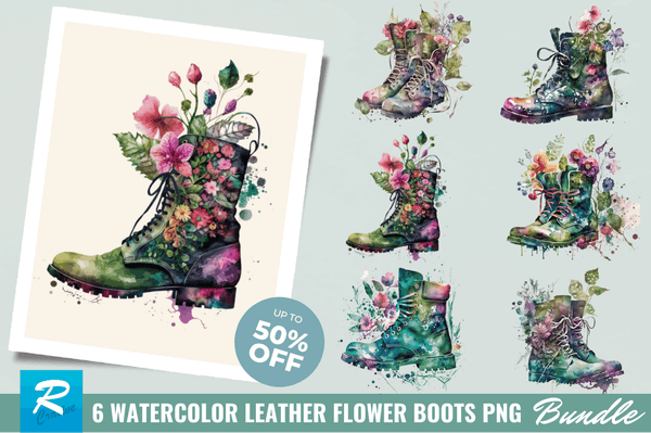 Watercolor Leather Flower Boots Clipart Bundle