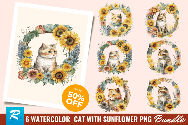Watercolor Cat With Sunflower Bundle