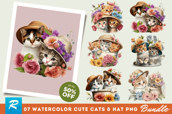 Watercolor Cute Cats Under the Hat Clipart Bundle
