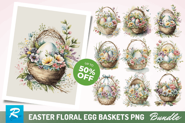 Watercolor Easter floral egg Baskets Clipart Bundle