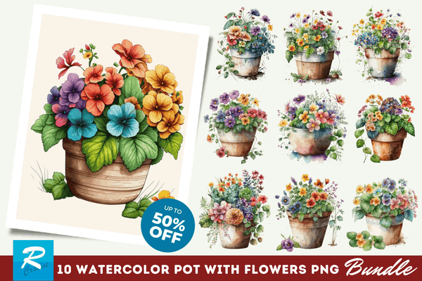 Watercolor Hand Draw Flowers Pot Clipart