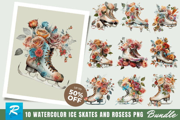 Watercolor Ice Skates and Roses Clipart Bundle