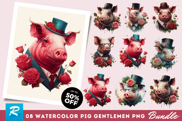 Watercolor Pig Gentlemen Clipart Bundle