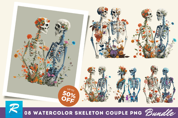 Watercolor Skeleton Couple Clipart Bundle