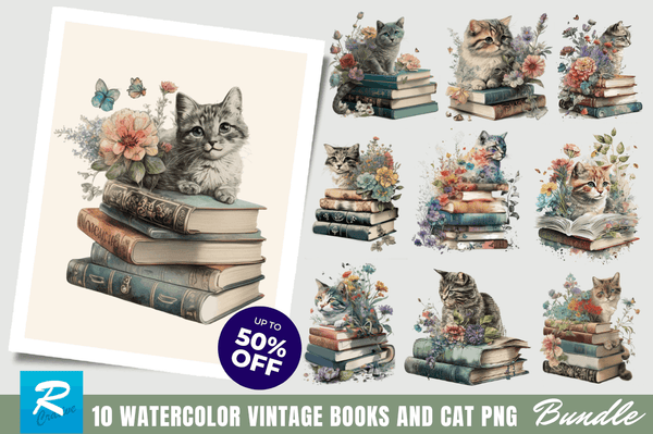 Watercolor Vintage Books and Cat Clipart Bundle