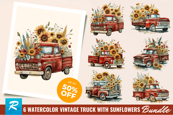 Watercolor Vintage red truck with sunflowers Clipart Bundle