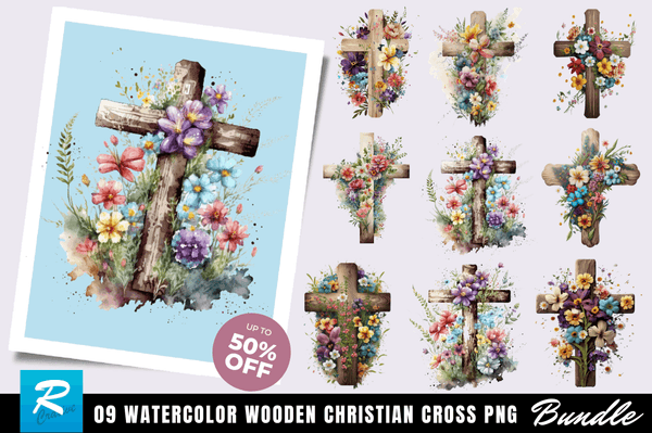 Watercolor Wooden Christian Cross Clipart Bundle