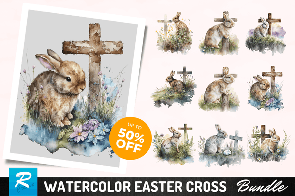 Watercolor easter cross with bunny Clipart Bundle