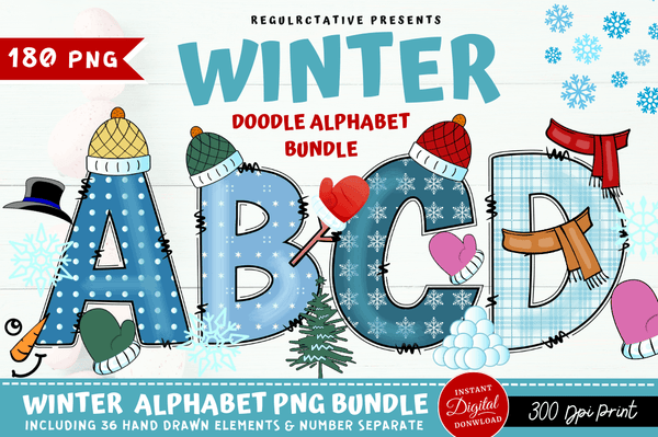 Winter Doodle Alphabet Bundle with Hand Drawn Clipart