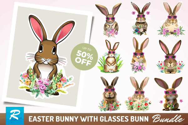 Watercolor Easter Bunny with Glasses Bunny Clipart Bundle